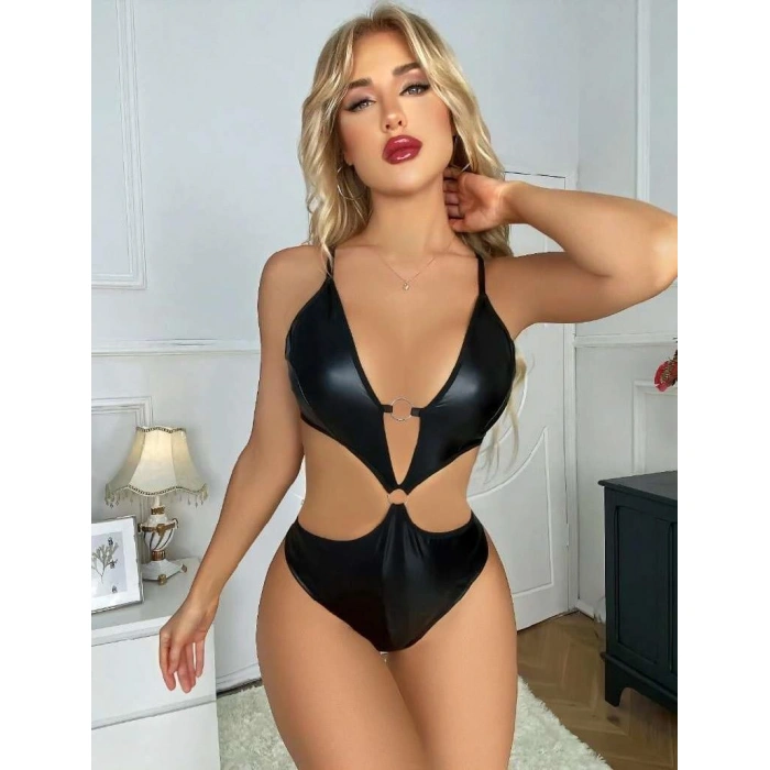 Secretsita Siyah Deri Fantezi Babydoll