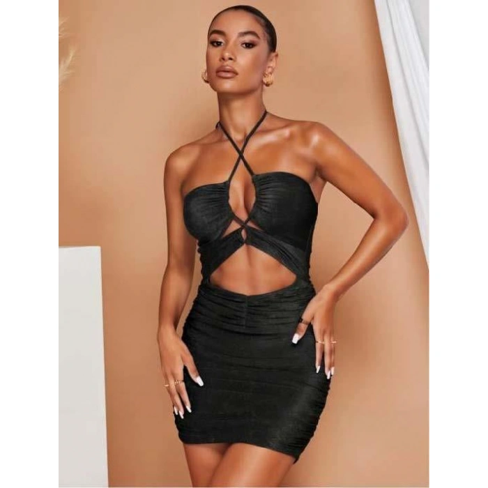 Secretsita Siyah Simli Boyundan Bağlamalı Göğüs Dekolteli Mini Club Elbisesi