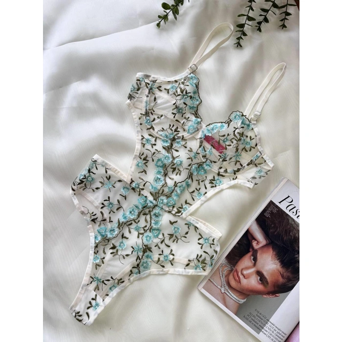 Secretsita Yeşil Çiçek Büyük Desenli Bodysuit