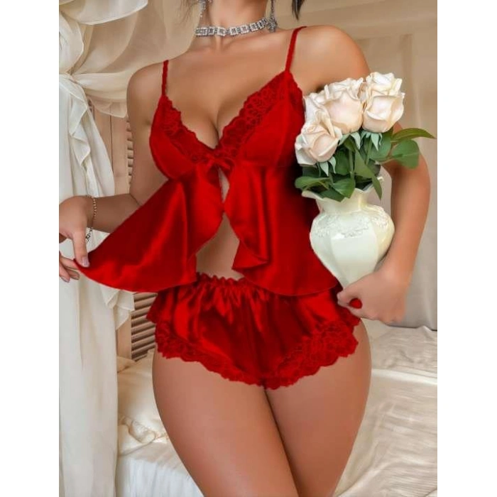 Secretsita Kırmızı Dantel İşlemeli İnce Askılı Saten Şortlu Takım