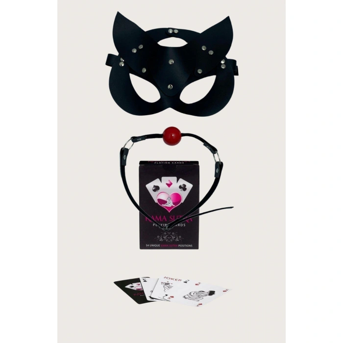 Secretsita Sexy Görselli Oyun Kartı Kama Sutra Siyah Ağız Topu Maske Set