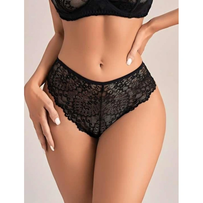 Secretsita Siyah Dantel İşlemeli Arkası Kalp Detaylı Fantezi String Tanga