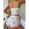 Secretsita Beyaz Kiraz Desenli Askılı Şortlu Pijama Takımı