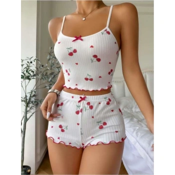 Secretsita Beyaz Kiraz Desenli Askılı Şortlu Pijama Takımı