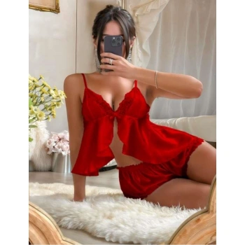 Secretsita Kırmızı Dantel İşlemeli İnce Askılı Saten Şortlu Takım