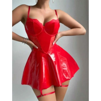 Secretsita Kırmızı Parlak Deri Şık Bacak Bantlı Fantezi Club Elbise