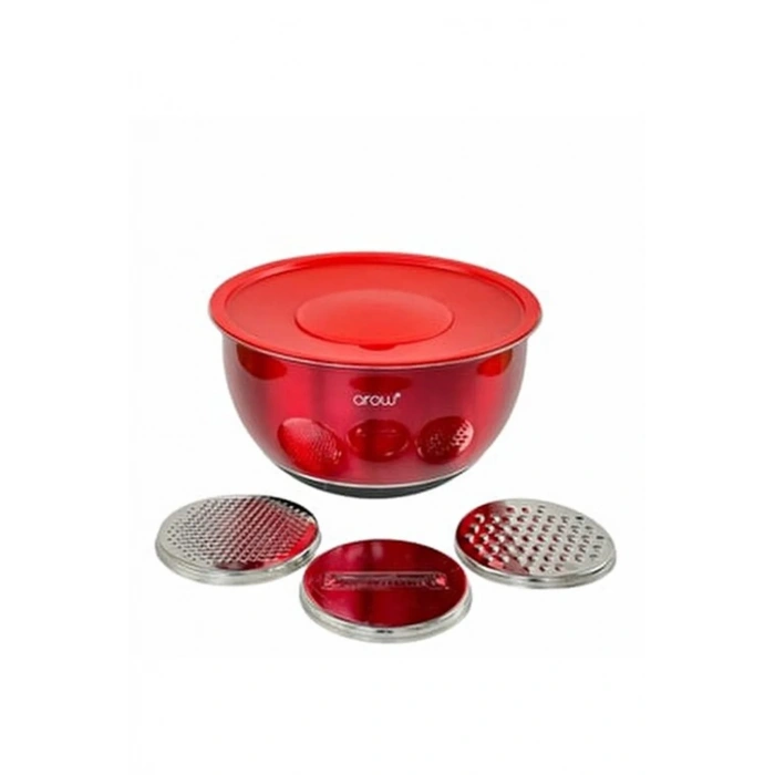 AROW DARIA PASLANMAZ ÇELİK RENDELİ KAPAKLI KARIŞTIRMA KABI 26 CM KIRMIZI DC1.TR-2456