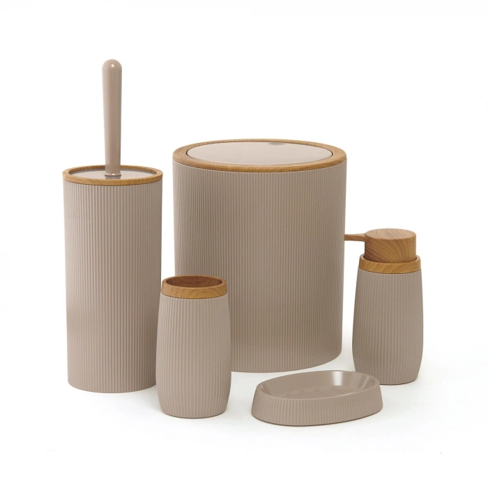 OKYANUS HOME 5 Lİ BANYO SETİ CİZGİLİ AHŞAP DESENLİ YUVARLAK KAHVERENGİ