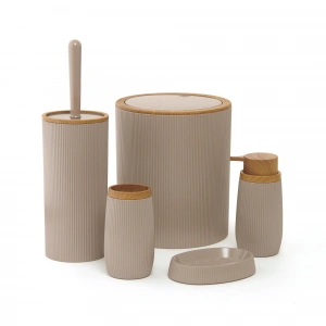 OKYANUS HOME 5 Lİ BANYO SETİ CİZGİLİ AHŞAP DESENLİ YUVARLAK KAHVERENGİ