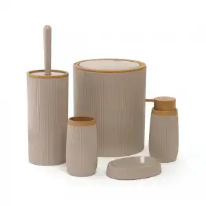 OKYANUS HOME 5 Lİ BANYO SETİ CİZGİLİ AHŞAP DESENLİ YUVARLAK KAHVERENGİ