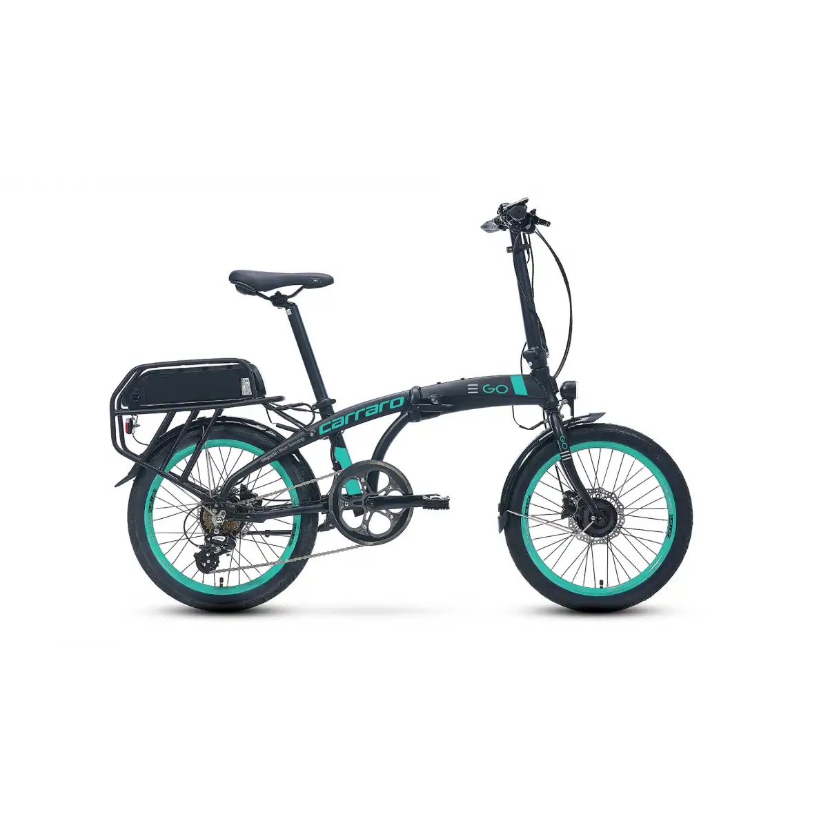 CARRARO E-LINE EGO 2.1 UNISEX KATLANIR BİSİKLET 285H HD 20 JANT 8 VİTES MAT SİYAH TURKUAZ GRİ