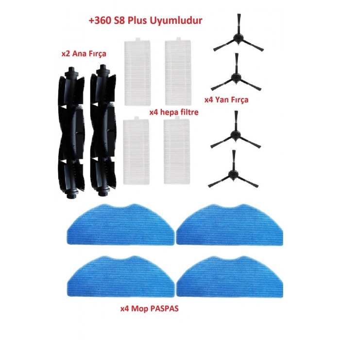 360 S8 Plus Uyumlu robot süpürge filtre fırça Mop paspas set