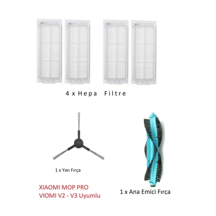 Xıaomı Mop Pro - Viomi V2 V3 Uyumlu Hepa Filtre - Emici Ana Fırça - Yan Fırça