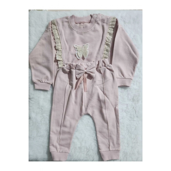 Kız Şerit dantelli kelebek desen sweatshirt ve fiyonk figürlü alt eşofman takım