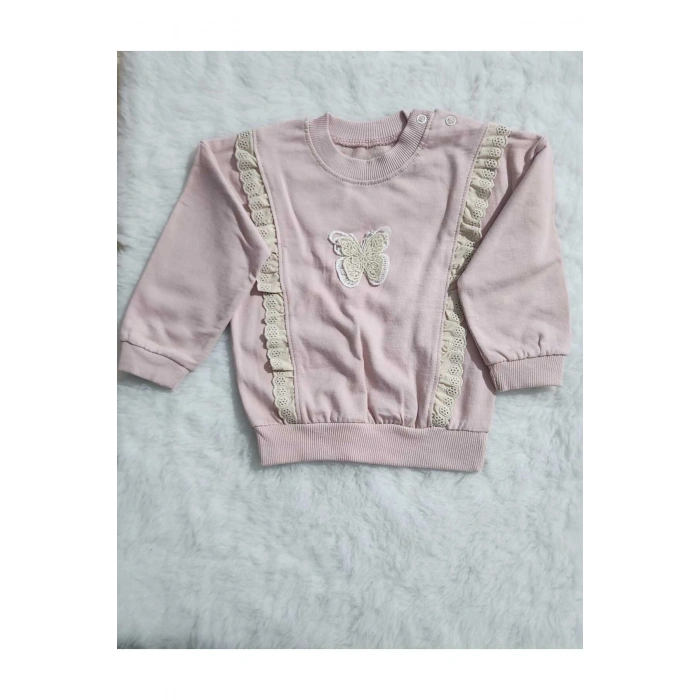 Kız Şerit dantelli kelebek desen sweatshirt ve fiyonk figürlü alt eşofman takım