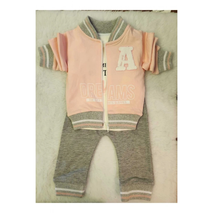 Kız çocuk pudra pembe  sweatshirt takım  fermuarlı 3 Parça