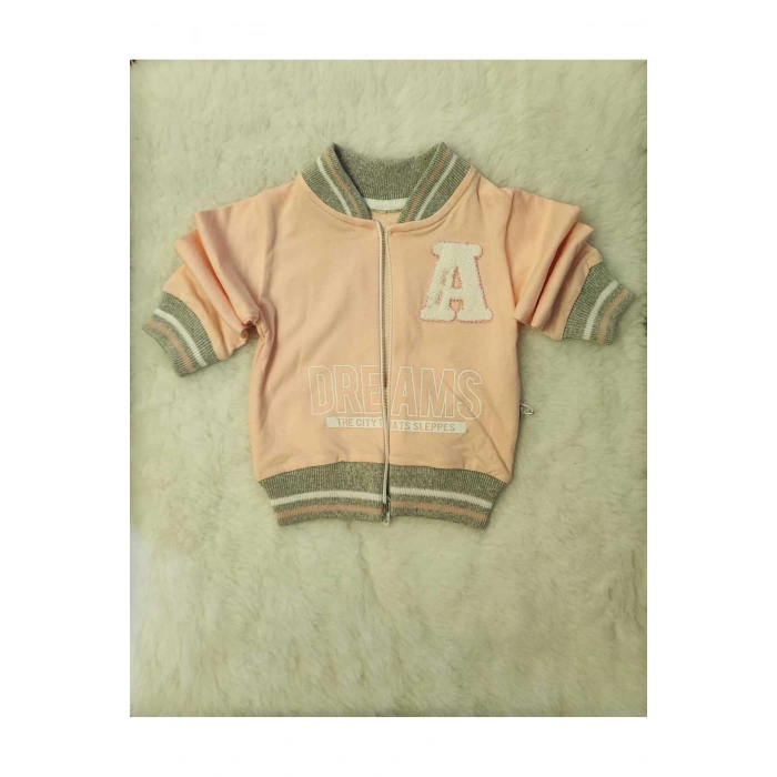 Kız çocuk pudra pembe  sweatshirt takım  fermuarlı 3 Parça