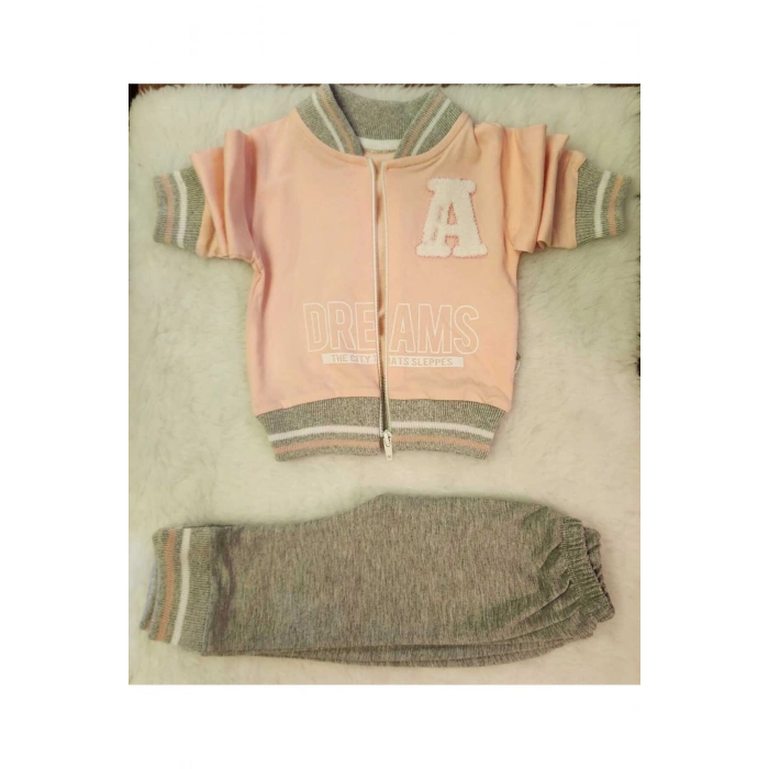 Kız çocuk pudra pembe  sweatshirt takım  fermuarlı 3 Parça