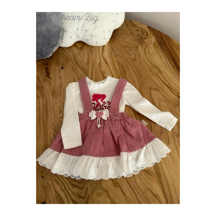 Lin Grup Kız Bebek Barbie Figürlü Ekose 2 Parça Elbise
