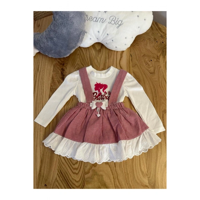 Lin Grup Kız Bebek Barbie Figürlü Ekose 2 Parça Elbise