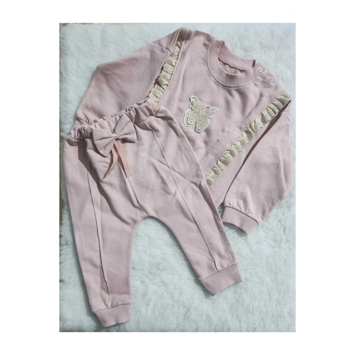 Lin Grup Kız Şerit Dantelli Kelebek Desen Sweatshirt Ve Fiyonk Figürlü Alt Eşofman Takım