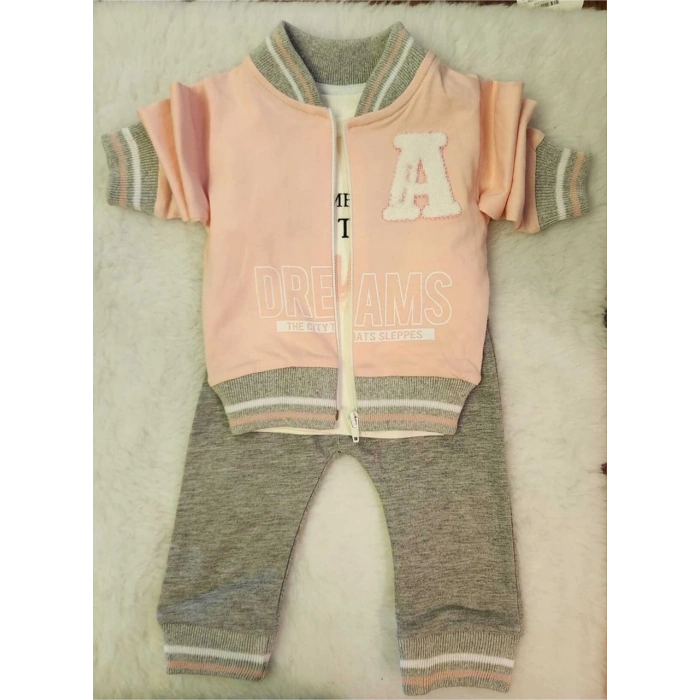 Kız Çocuk Pudra Pembe Sweatshirt Takım Fermuarlı 3 Parça