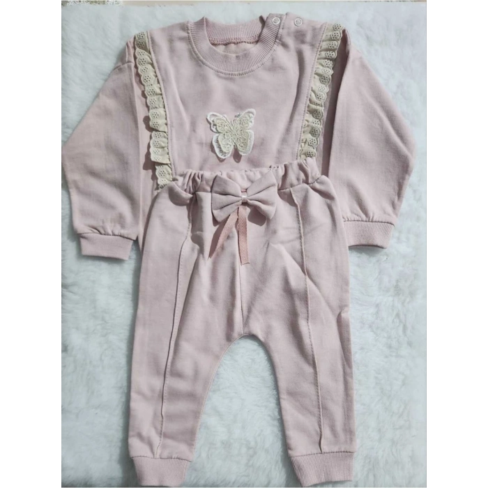 Kız Şerit Dantelli Kelebek Desen Sweatshirt Ve Fiyonk Figürlü Alt Eşofman Takım