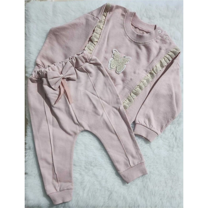 Kız Şerit Dantelli Kelebek Desen Sweatshirt Ve Fiyonk Figürlü Alt Eşofman Takım