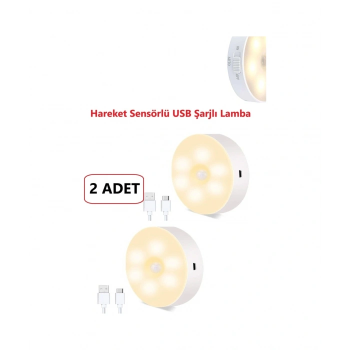 Led Gece Lambası Hareket Sensörü Şarj Edilebilir Duvara Monte Lamba 2 Adet