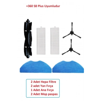 360 S8 Plus robot süpürge filtre fırça mop paspas seti