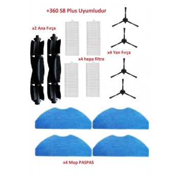 360 S8 Plus Uyumlu robot süpürge filtre fırça Mop paspas set