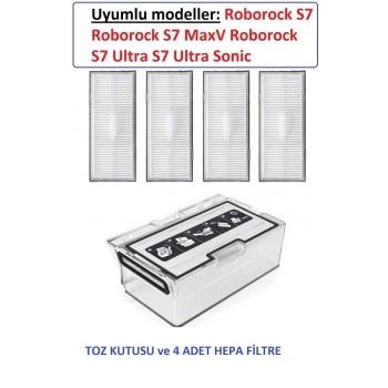 Roborock S7 S7 Maxv S7 Ultra Sonic Mopping Robot Süpürge Uyumlu Toz Haznesi ve 4 adet hepa filtre