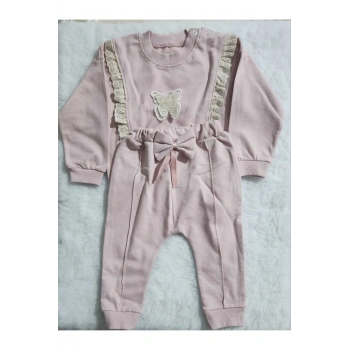 Kız Şerit dantelli kelebek desen sweatshirt ve fiyonk figürlü alt eşofman takım
