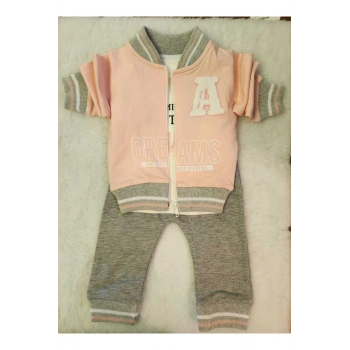 Kız çocuk pudra pembe  sweatshirt takım  fermuarlı 3 Parça