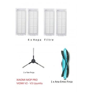 Lin Grup Xıaomı Mop Pro - Viomi V2 V3 Uyumlu Hepa Filtre - Emici Ana Fırça - Yan Fırça