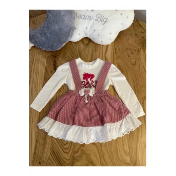 Lin Grup Kız Bebek Barbie Figürlü Ekose 2 Parça Elbise