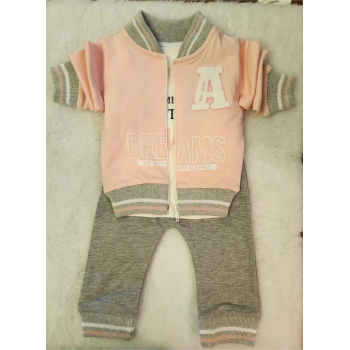 Kız Çocuk Pudra Pembe Sweatshirt Takım Fermuarlı 3 Parça