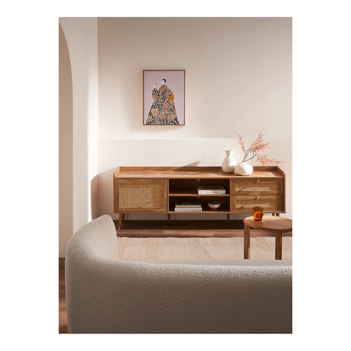 Rattan accent TV stand and multimedia storage unit