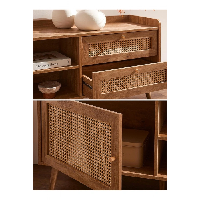 Rattan accent TV stand and multimedia storage unit