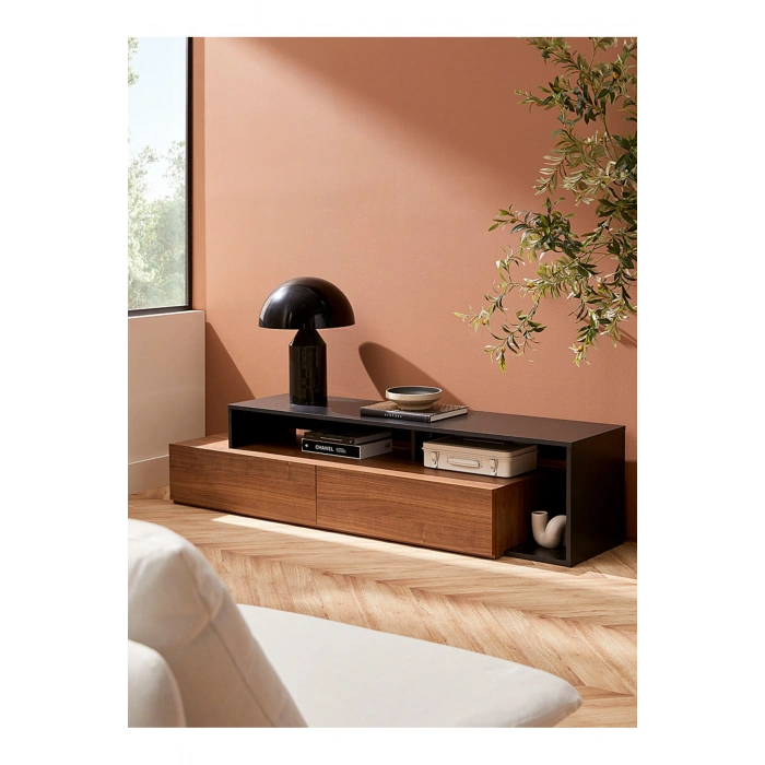 Walnut and black TV unit