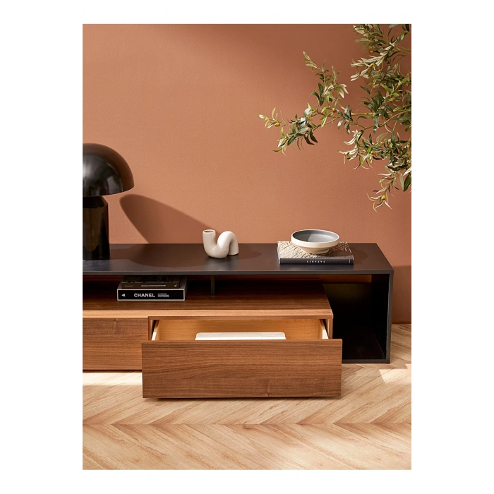 Walnut and black TV unit