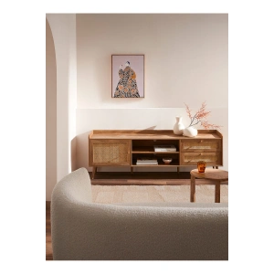 Rattan accent TV stand and multimedia storage unit