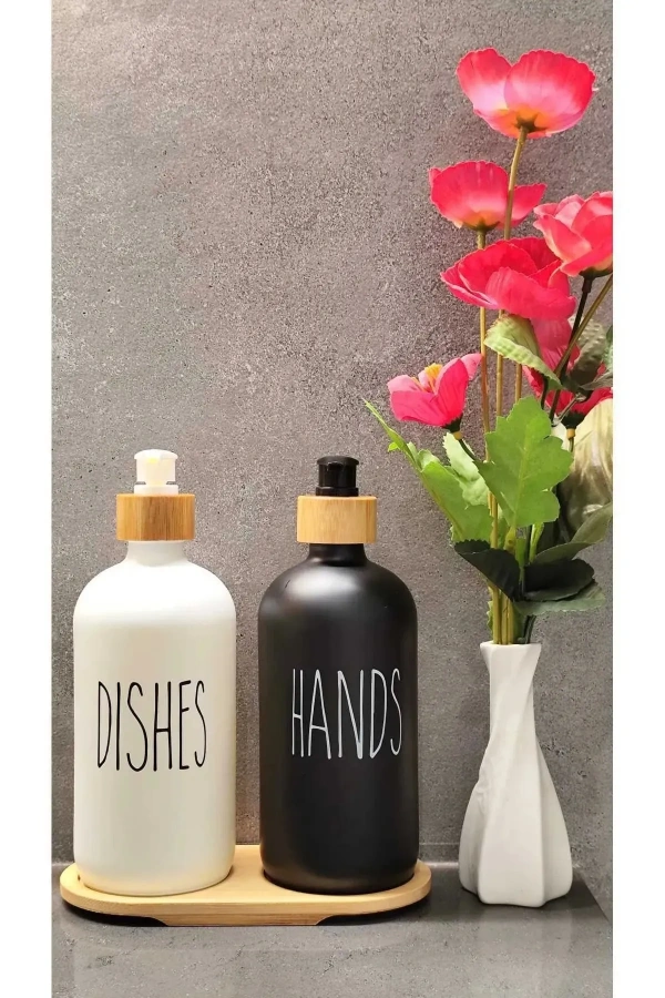 2 li Hands Dishes Siyah Beyaz Dekoratif Mutfak Banyo Sıvı Cam Sabunluk Seti Bambu Stantlı Set 500 ml