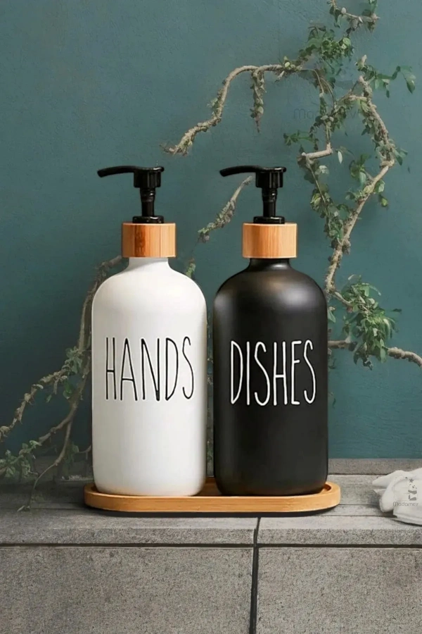 2 li Hands Dishes Siyah Beyaz Dekoratif Mutfak Banyo Sıvı Cam Sabunluk Seti Bambu Stantlı Set 500 ml