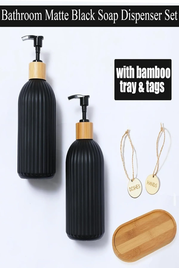 2 li Hands Dishes Siyah Dekoratif Mutfak Banyo Sıvı Cam Sabunluk Seti 500ml Bambu Stantlı Set