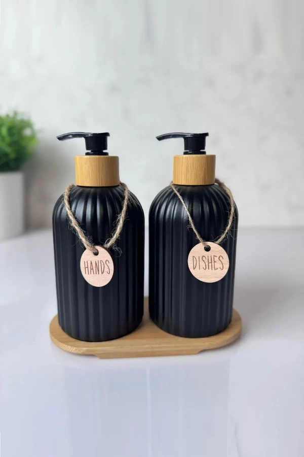 2 li Hands Dishes Siyah Dekoratif Mutfak Banyo Sıvı Cam Sabunluk Seti 500ml Bambu Stantlı Set