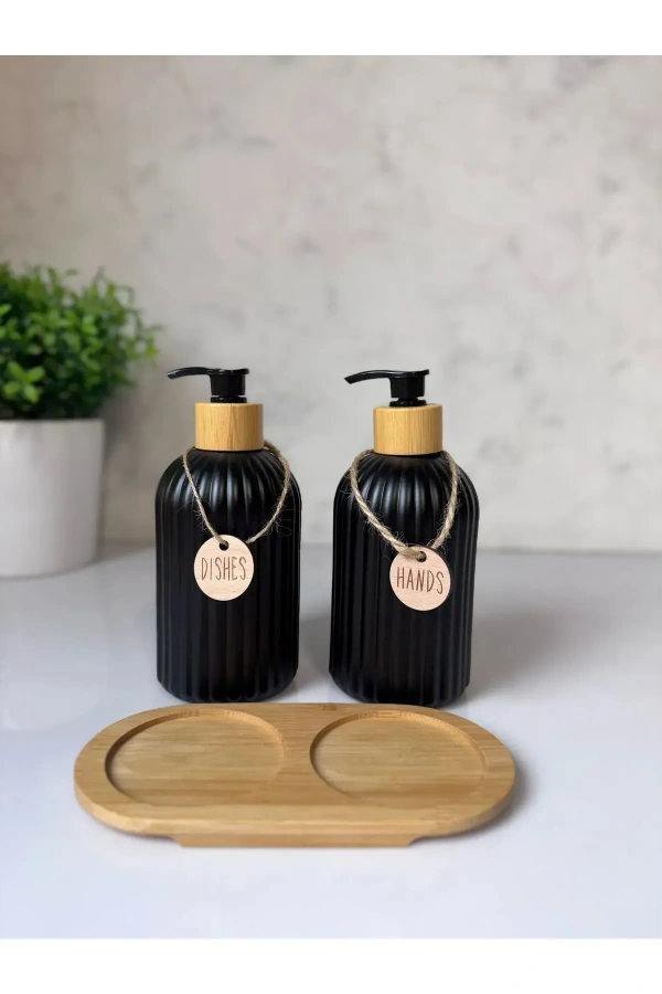2 li Hands Dishes Siyah Dekoratif Mutfak Banyo Sıvı Cam Sabunluk Seti 500ml Bambu Stantlı Set