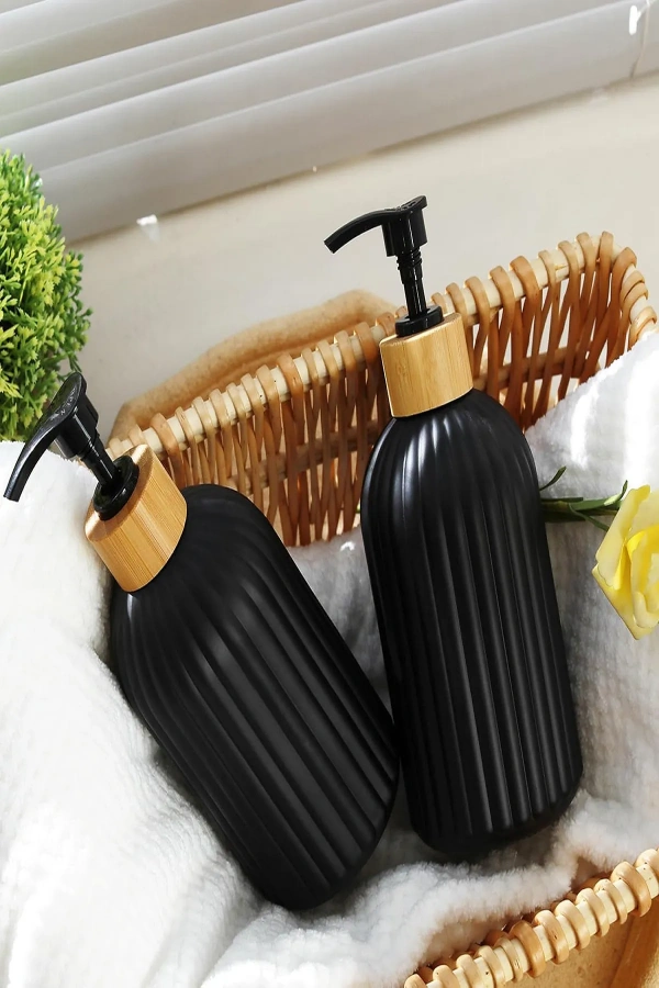 2 li Hands Dishes Siyah Dekoratif Mutfak Banyo Sıvı Cam Sabunluk Seti 500ml Bambu Stantlı Set