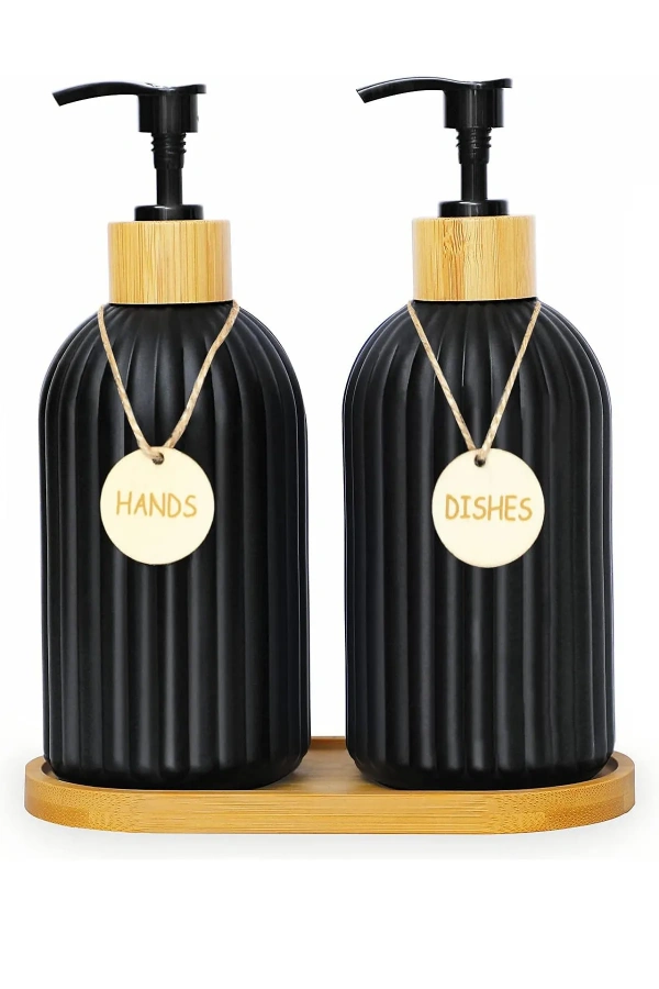 2 li Hands Dishes Siyah Dekoratif Mutfak Banyo Sıvı Cam Sabunluk Seti 500ml Bambu Stantlı Set