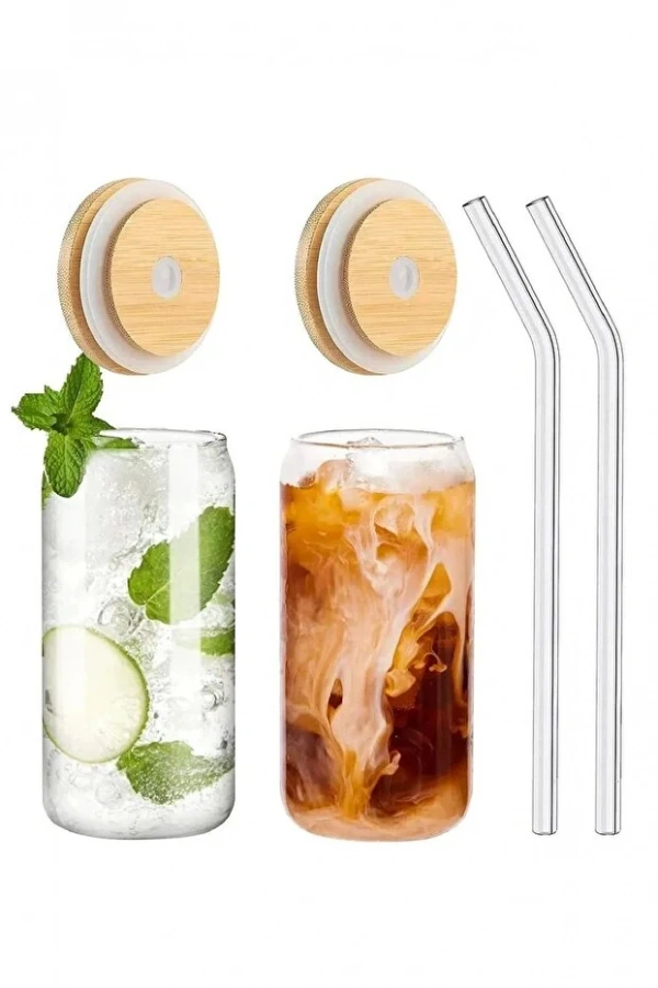 550 Ml Isıya Dayanıklı Cam Pipetli Bambu Kapaklı Bubble Tea Ve Borosilikat Bardak 2 Adet